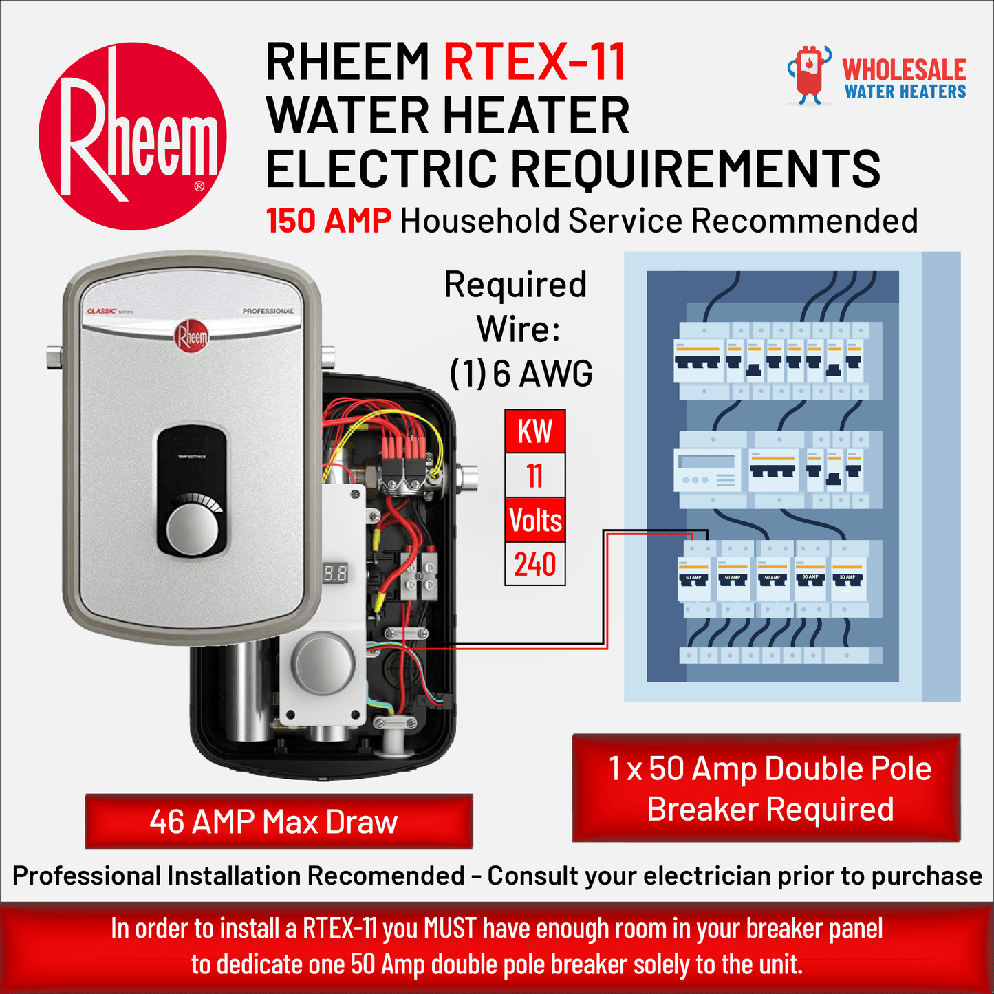 RHEEM RTEX-11 11kw 240v Tankless, Instant Electric Water Heater