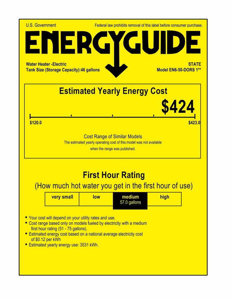 State Proline Series 50 Gallon Capacity 4.5 kW Heating Input Short Electric Water Heater